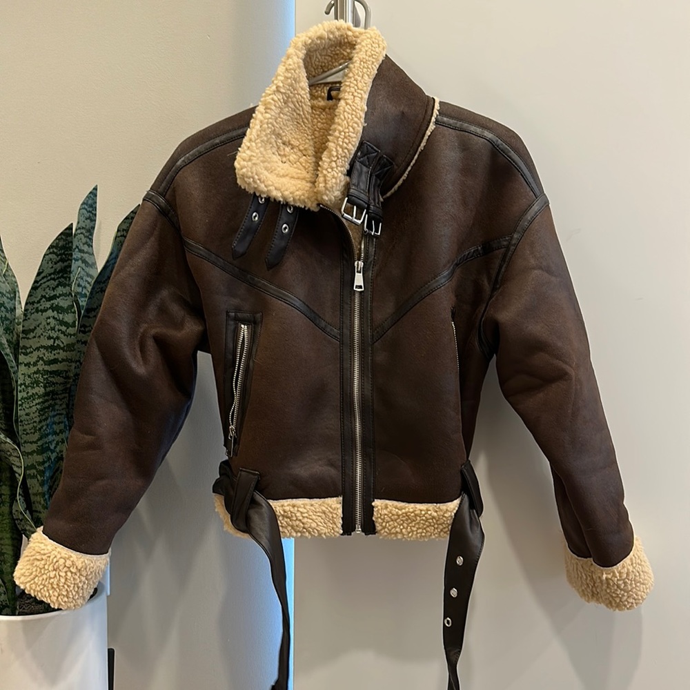 Brown/Black Shearling Faux Leather Jacket